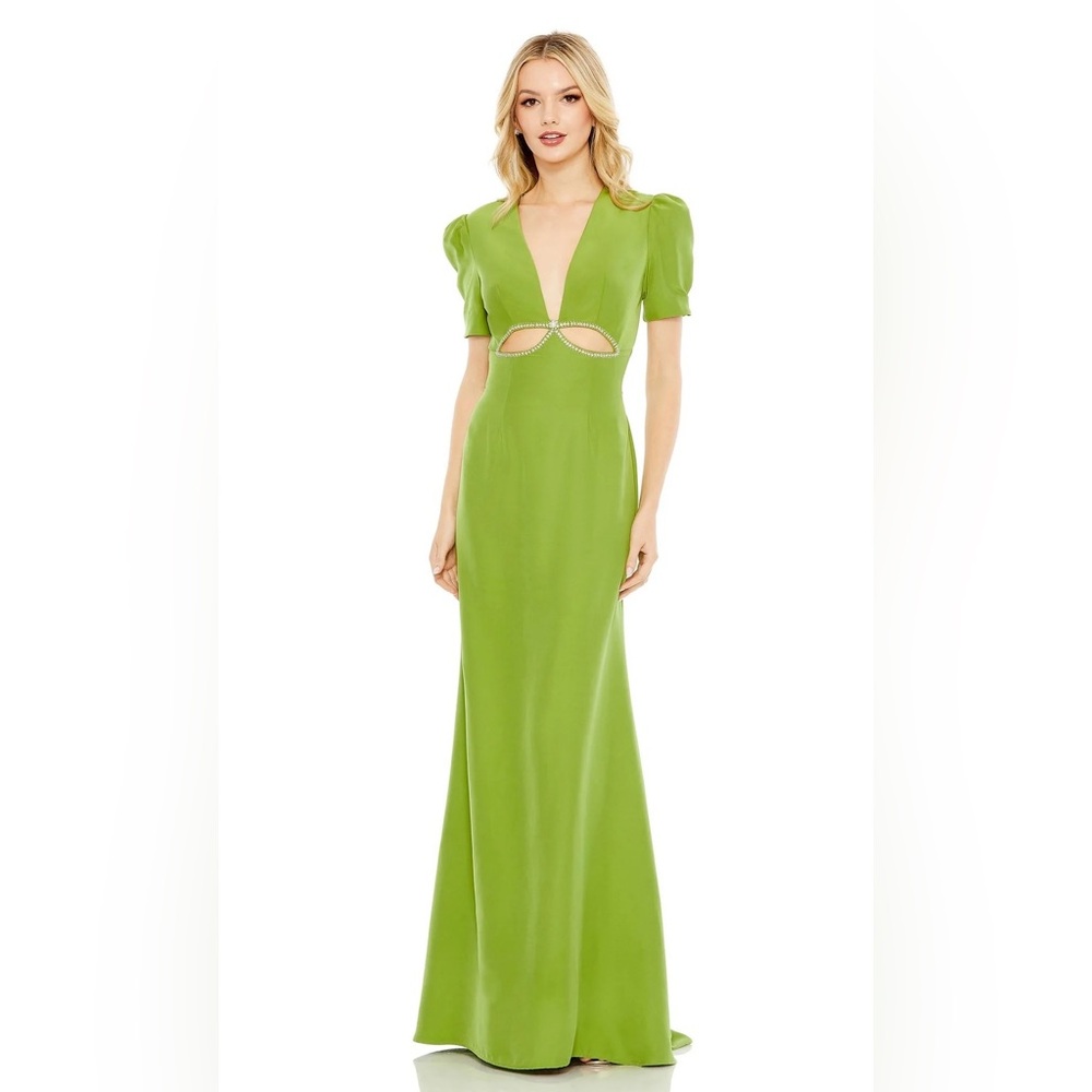 NWT Mac Duggal Plunge Neck Puff Sleeve Cut Out Gown Apple Green 12